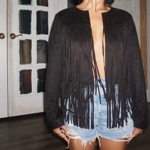 Vintage Faux Suede Fringed Long Sleeve Black Cowboy Jacket